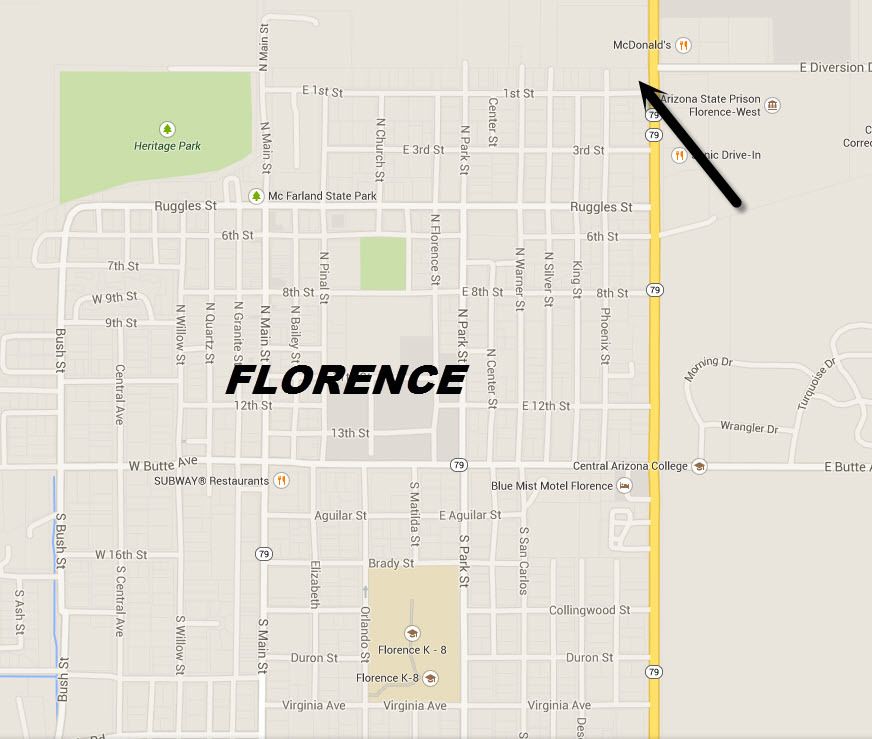 HARD CORNER for Fast Food / C-Store - Gas station / Corner of Hwy 79 / 1st Street / Diversion Dam Rd.: 700 N Pinal Parkway Ave, Florence, AZ 85132